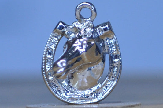 Silver Horse Head Poking Through Horseshoe Charm - Tested Sterling Silver - Good Luck Charm
