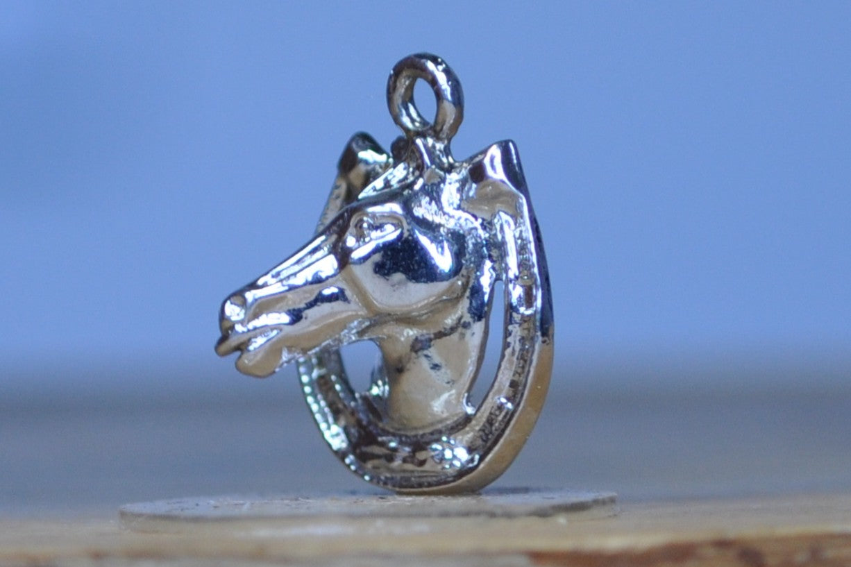 Silver Horse Head Poking Through Horseshoe Charm - Tested Sterling Silver - Good Luck Charm