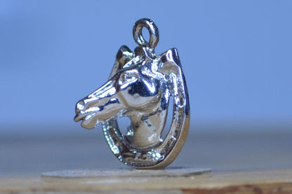 Silver Horse Head Poking Through Horseshoe Charm - Tested Sterling Silver - Good Luck Charm