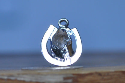 Silver Horse Head Poking Through Horseshoe Charm - Tested Sterling Silver - Good Luck Charm