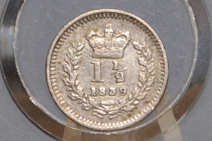 1839 UK 1 1/2 Pence Silver - Colonial Coin - Great Condition, Rare, One and a Half Pence 1839 - UK Silver Penny 1839 United Kingdom Silver