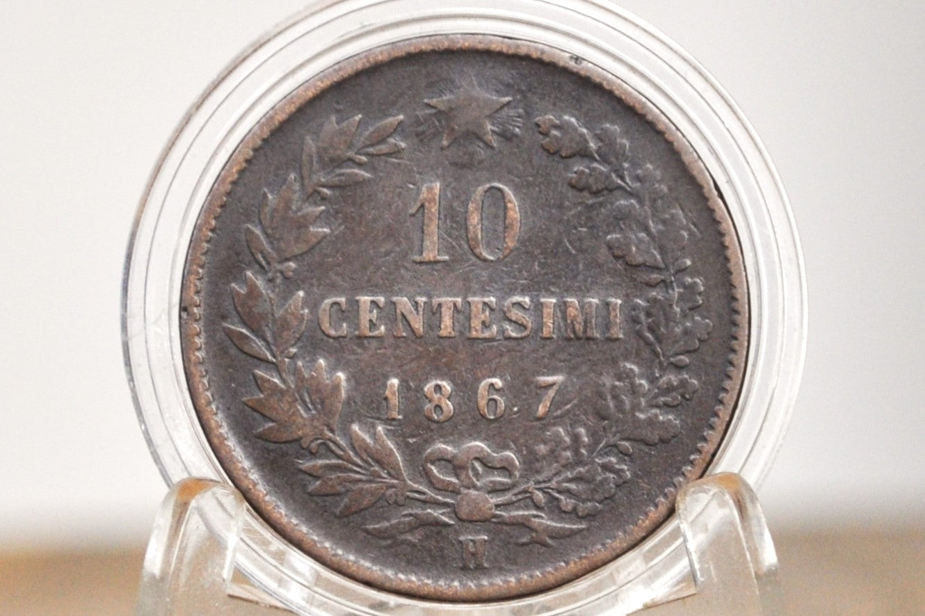 1867 Italian 10 Centesimi H - Great Condition (F/VF) - 1867 10 Cent Coin Italy - Vittorio Emanuele II - Copper - 1867H 10 Cent
