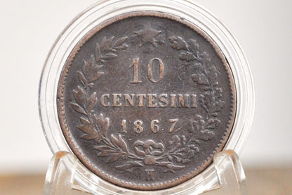 1867 Italian 10 Centesimi H - Great Condition (F/VF) - 1867 10 Cent Coin Italy - Vittorio Emanuele II - Copper - 1867H 10 Cent