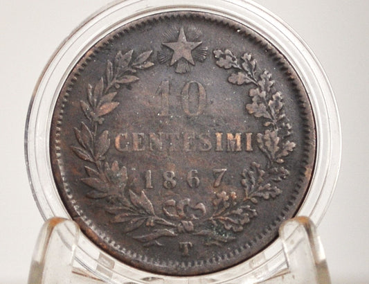 1867 Italian 10 Centesimi N - Great Condition (XF) - 1867 10 Cent Coin Italy - Vittorio Emanuele II - Copper - 1867T 10 Cent