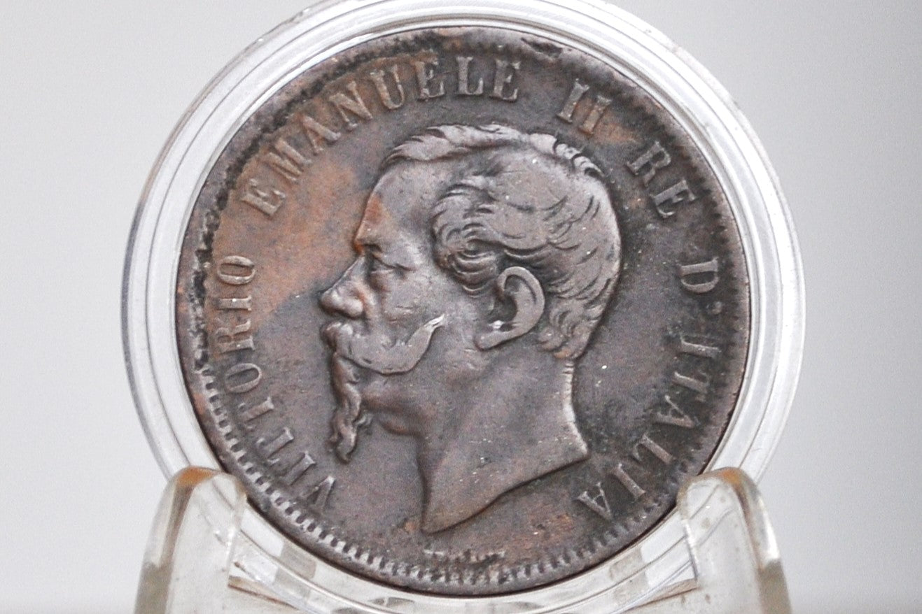 1867 Italian 10 Centesimi N - Great Condition (XF) - 1867 10 Cent Coin Italy - Vittorio Emanuele II - Copper - 1867T 10 Cent