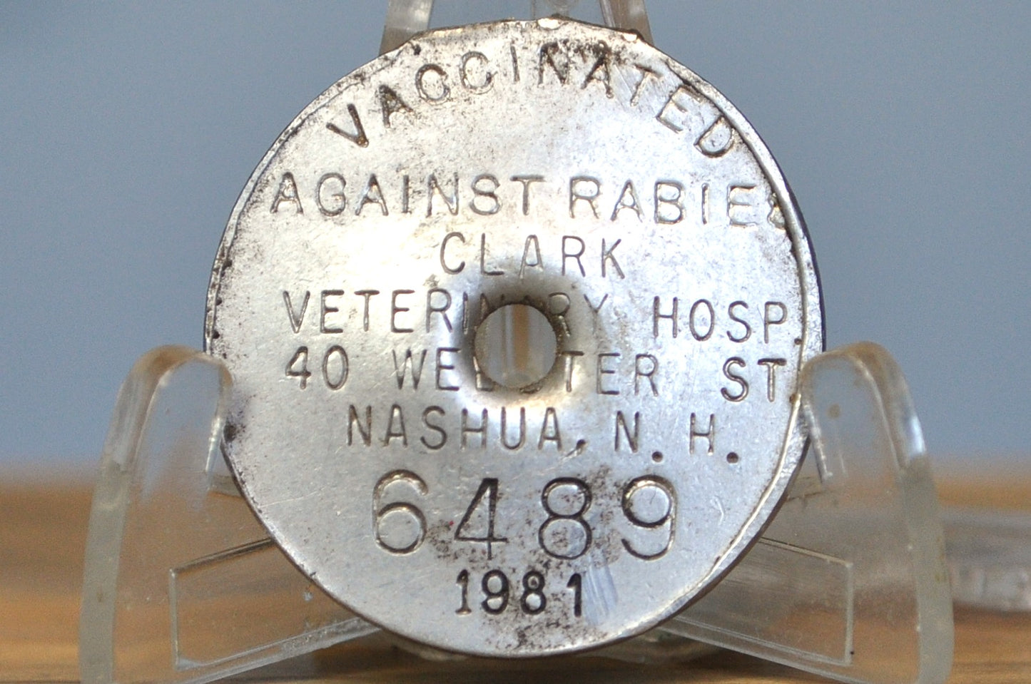 Nashua, New Hampshire Vintage Rabies Vaccine Tag - Clark Veterinary Hospital, Nashua, NH Vaccinated Animal Tag