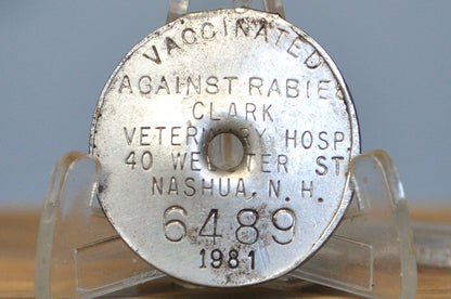 Nashua, New Hampshire Vintage Rabies Vaccine Tag - Clark Veterinary Hospital, Nashua, NH Vaccinated Animal Tag