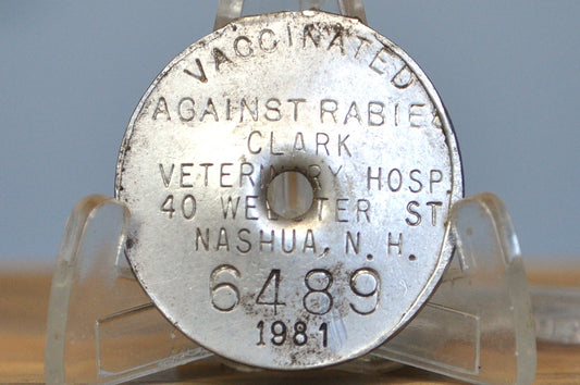 Nashua, New Hampshire Vintage Rabies Vaccine Tag - Clark Veterinary Hospital, Nashua, NH Vaccinated Animal Tag
