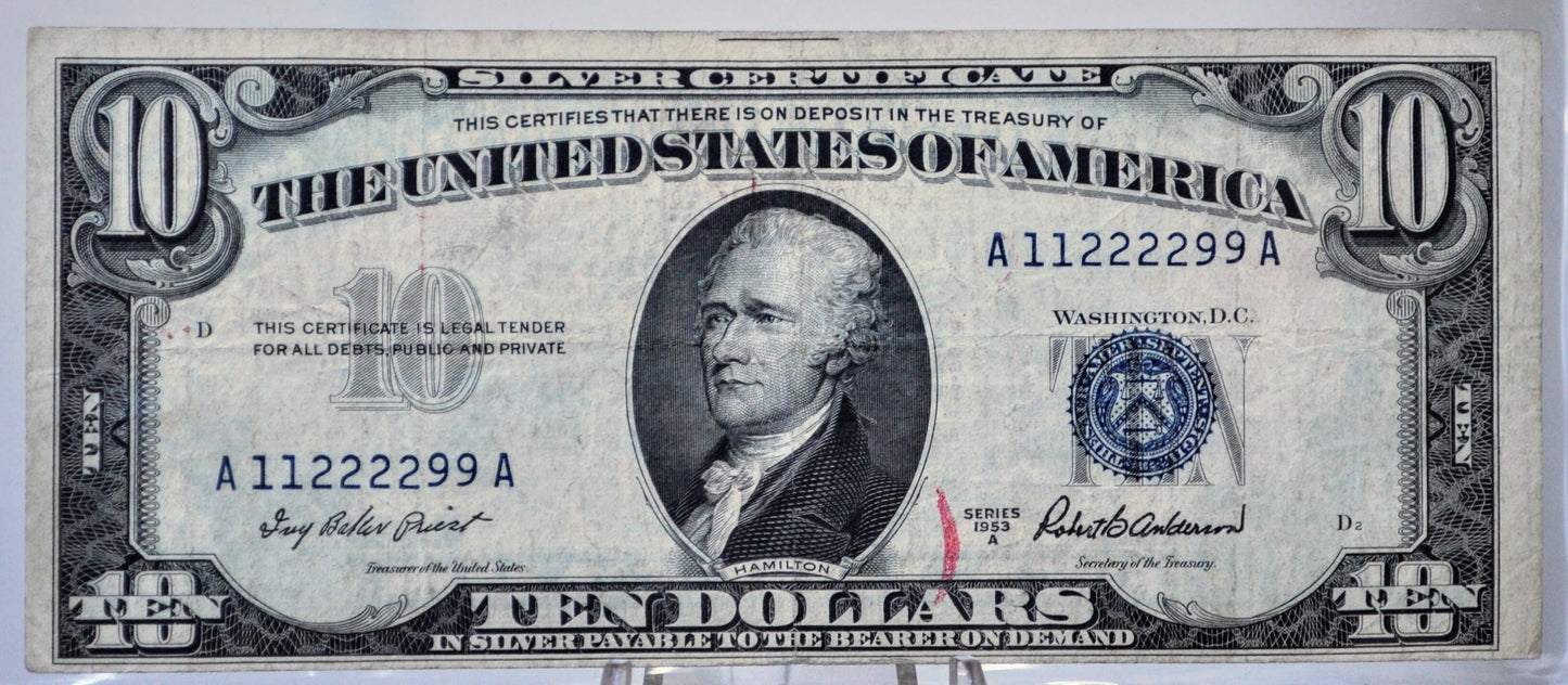 1953A Fancy Trinary Repeater Serial Number 10 Dollar Silver Certificate - 11222299 - 1953-A Ten Dollar Fancy Serial Note - Fr#1707