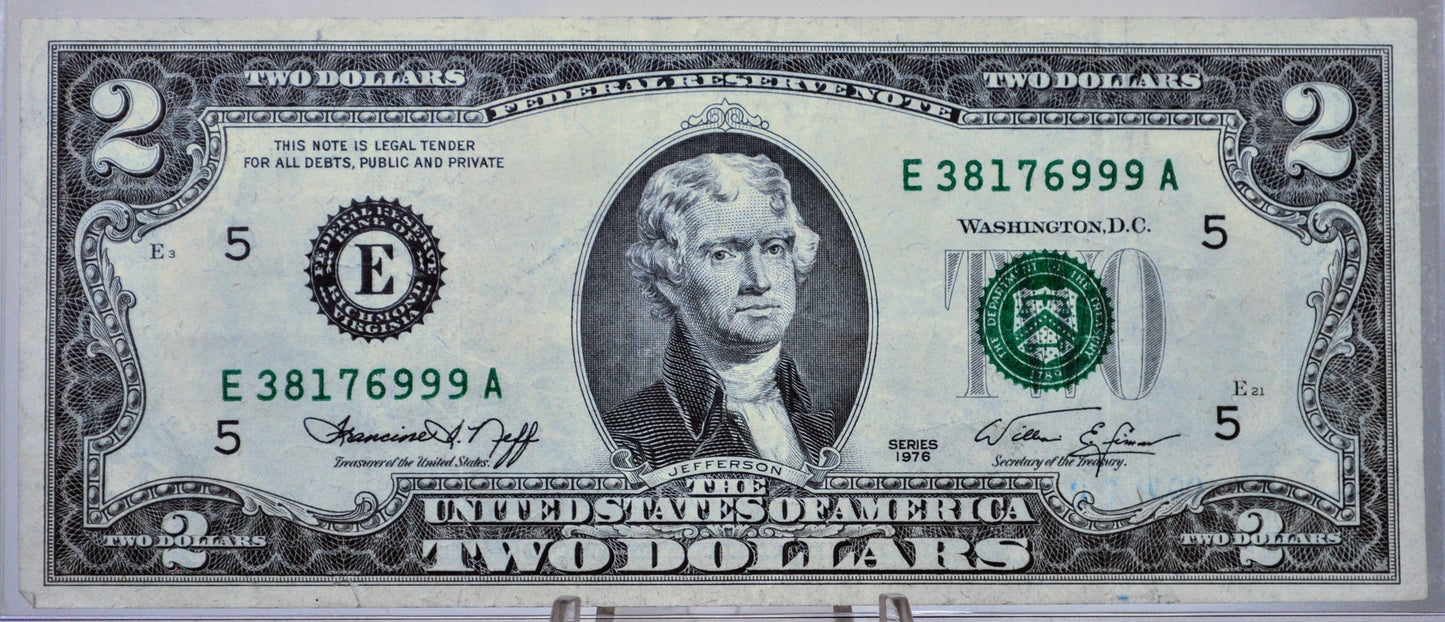 1976 Fancy Triplet Repeater Serial Number Federal Reserve 2 Dollar Note - 38176999 - 1976 Two Dollar Fancy Serial Banknote - Fr.1935-E