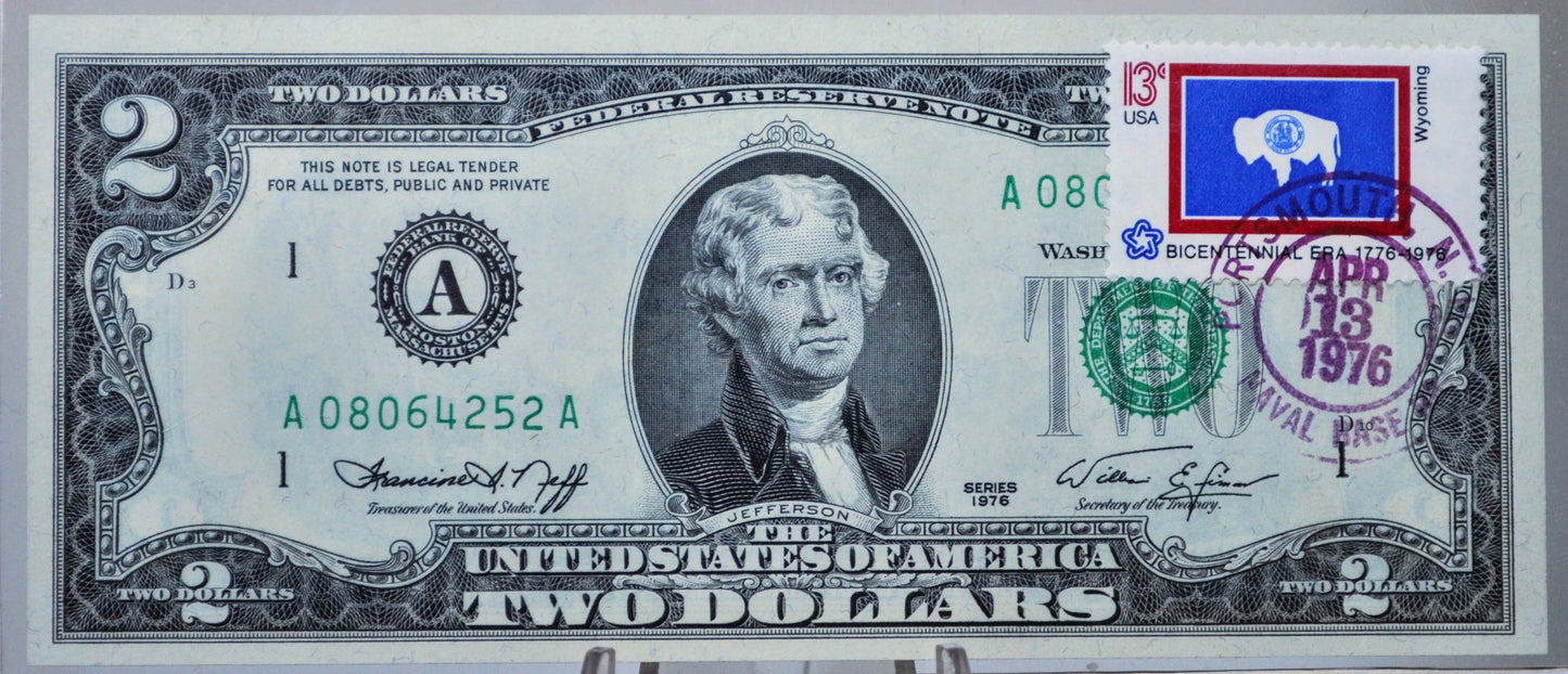 1976 Bicentennial 2 Dollar Wyoming Flag Stamp Note - First Day of Issue Portsmouth Naval Base - 1976 Two Dollar First Issue Stamp Banknote
