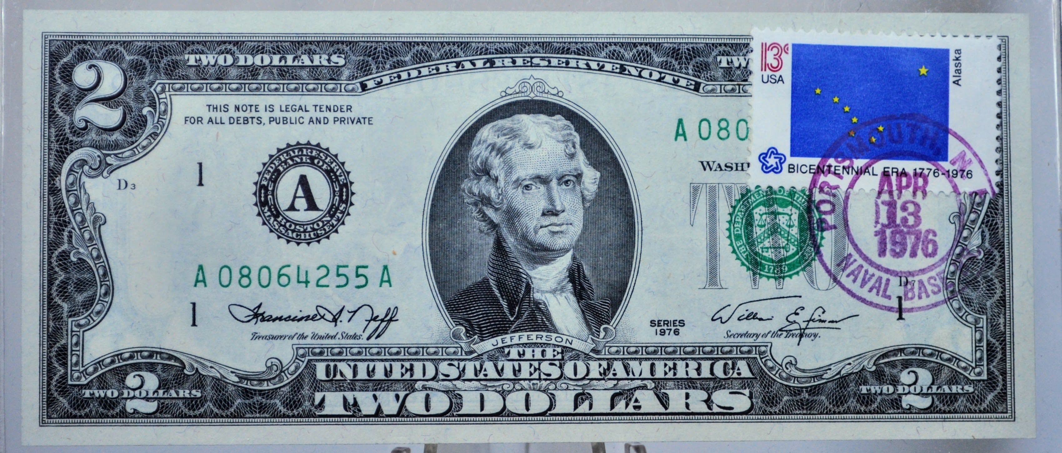 1976 Bicentennial 2 Dollar Alaska Flag Stamp Note - First Day of Issue ...