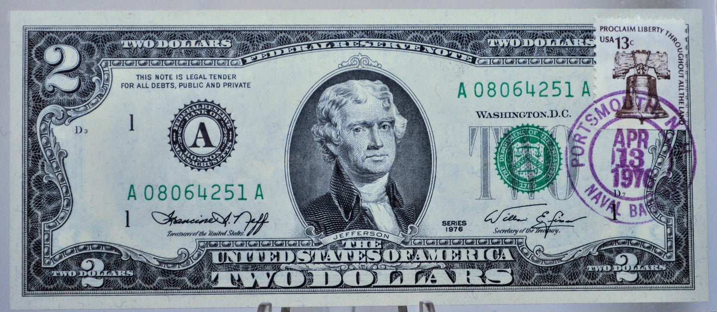 1976 Bicentennial 2 Dollar Liberty Bell Stamp Note - First Day of Issue Portsmouth Naval Base - 1976 Two Dollar First Issue Stamp Banknote