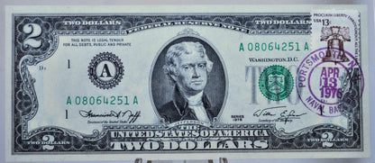 1976 Bicentennial 2 Dollar Liberty Bell Stamp Note - First Day of Issue Portsmouth Naval Base - 1976 Two Dollar First Issue Stamp Banknote