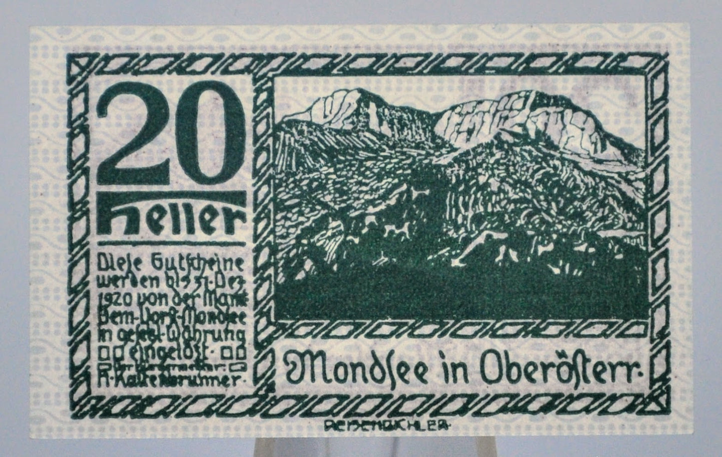 1920 Mondsee Upper Austria 20 Heller Notgeld - Rarer Green Print Type - Austrian Emergency Currency - 1920 Austria Twenty Heller Note