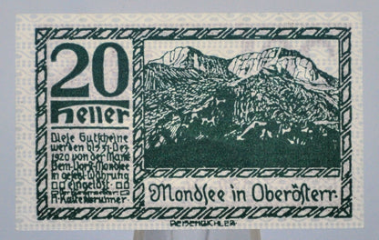 1920 Mondsee Upper Austria 20 Heller Notgeld - Rarer Green Print Type - Austrian Emergency Currency - 1920 Austria Twenty Heller Note