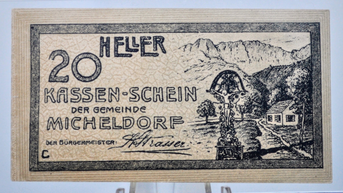 1920 Micheldorf Upper Austria 20 Heller Notgeld - Monument Note - Austrian Emergency Currency - 1920 Austria Twenty Heller Note
