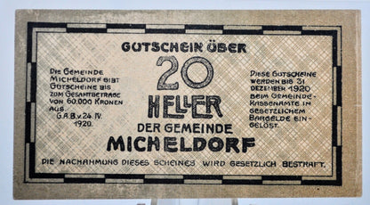 1920 Micheldorf Upper Austria 20 Heller Notgeld - Monument Note - Austrian Emergency Currency - 1920 Austria Twenty Heller Note