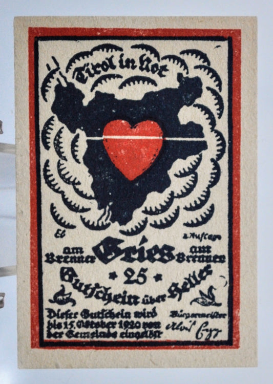 1920 Gries am Brenner Austria 25 Heller Notgeld - Tirol Notgeld - Austrian Emergency Currency - 1920 Austria Twenty-Five Heller Note