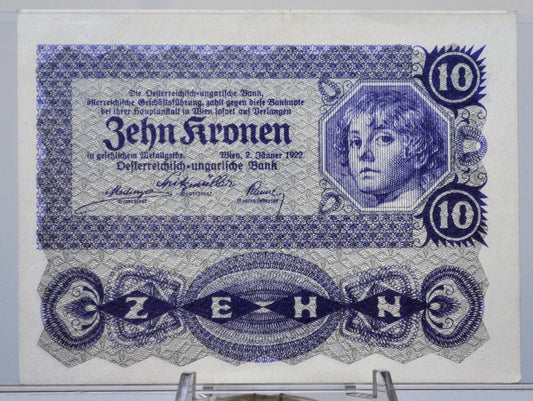1922 Austria-Hungary Bank 10 Kronen Note - Small Size Note - Choice of Grade - 1922 Austrian Ten Krone Banknote - P#75