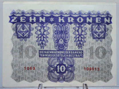 1922 Austria-Hungary Bank 10 Kronen Note - Small Size Note - Choice of Grade - 1922 Austrian Ten Krone Banknote - P#75