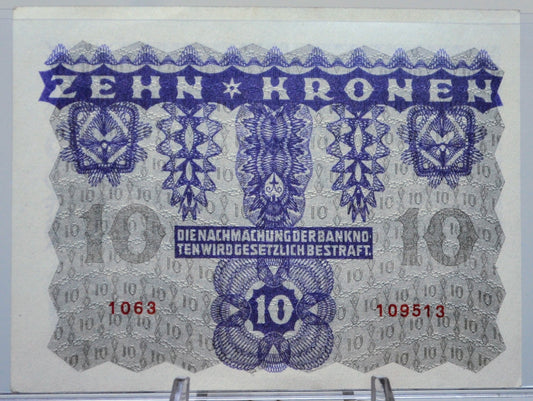 1922 Austria-Hungary Bank 10 Kronen Note - Small Size Note - Choice of Grade - 1922 Austrian Ten Krone Banknote - P#75