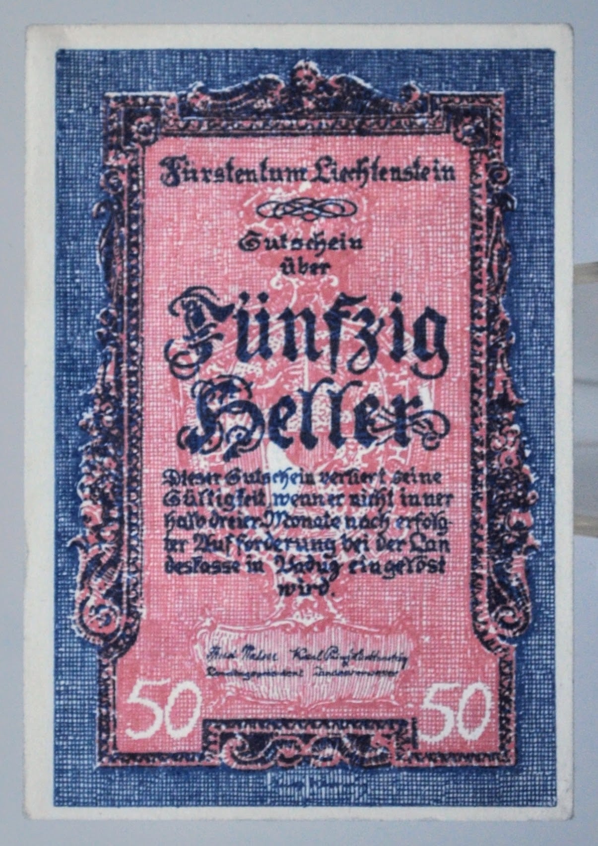 1920 Furstentum Liechtenstein 50 Heller Notgeld - Rare Liechtenstein Emergency Currency - 1920 Liechtenstein Fifty Heller Note - P#3