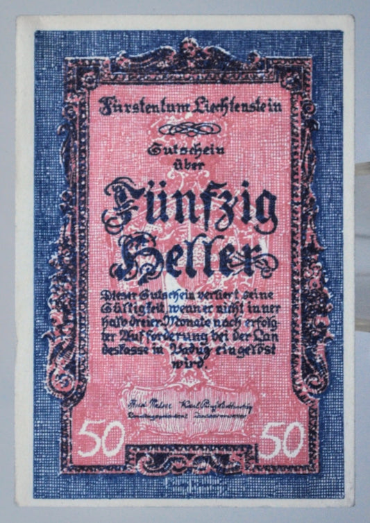 1920 Furstentum Liechtenstein 50 Heller Notgeld - Rare Liechtenstein Emergency Currency - 1920 Liechtenstein Fifty Heller Note - P#3
