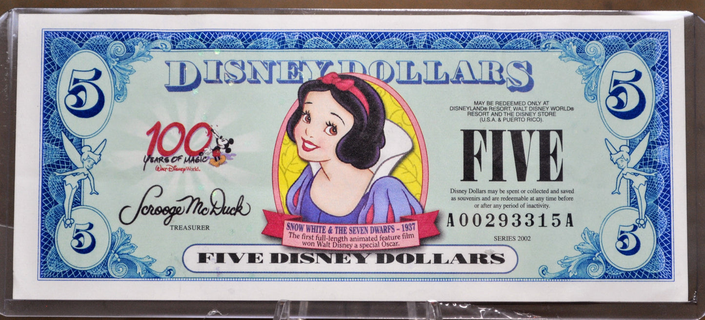 RARE 2002 Disney 5 Dollars Snow White Collectible Note - "AA" Series - Uncirculated - 2002 Series Disneyland Five Dollars Novelty Note