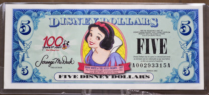 RARE 2002 Disney 5 Dollars Snow White Collectible Note - "AA" Series - Uncirculated - 2002 Series Disneyland Five Dollars Novelty Note