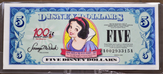 RARE 2002 Disney 5 Dollars Snow White Collectible Note - "AA" Series - Uncirculated - 2002 Series Disneyland Five Dollars Novelty Note