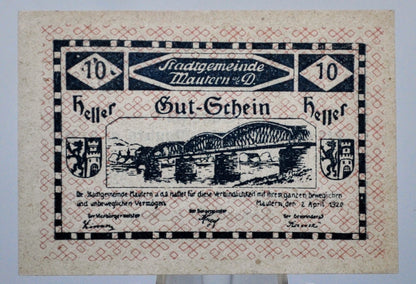 1920 Mautern an der Donau Austria 10 Heller Notgeld - Red Lattice Underprint - Austrian Emergency Currency - 1920 Austria Ten Heller Note