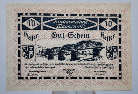 1920 Mautern an der Donau Austria 10 Heller Notgeld - Red Lattice Underprint - Austrian Emergency Currency - 1920 Austria Ten Heller Note
