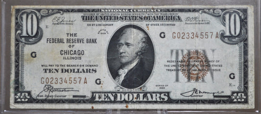 1929 10 Dollar National Currency Note Fr1860-G - Fine - Chicago 1929 Brown Seal Ten Dollar Federal Reserve Banknote Fr1860G