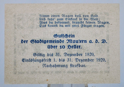 1920 Mautern an der Donau Austria 10 Heller Notgeld - Red Lattice Underprint - Austrian Emergency Currency - 1920 Austria Ten Heller Note