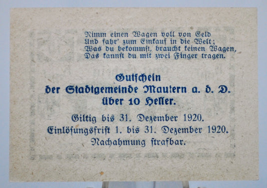 1920 Mautern an der Donau Austria 10 Heller Notgeld - Red Lattice Underprint - Austrian Emergency Currency - 1920 Austria Ten Heller Note