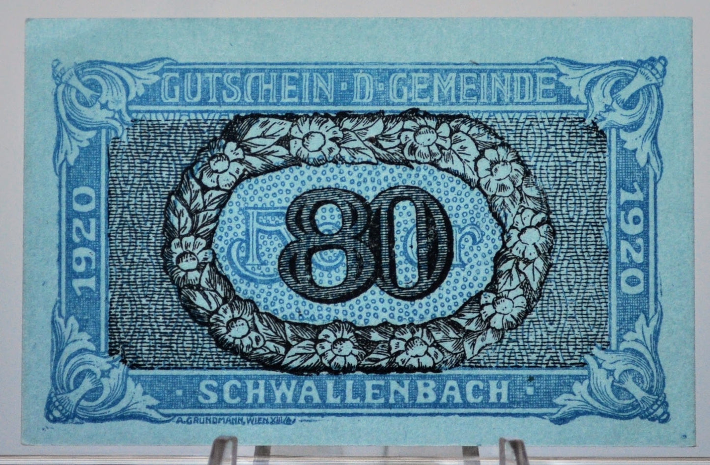 1920 Schwallenbach an der Donau Austria 80 Heller Notgeld - Reverse Stamp - Austrian Emergency Currency - 1920 Austria Eighty Heller Note