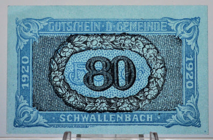 1920 Schwallenbach an der Donau Austria 80 Heller Notgeld - Reverse Stamp - Austrian Emergency Currency - 1920 Austria Eighty Heller Note