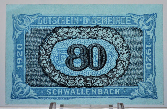 1920 Schwallenbach an der Donau Austria 80 Heller Notgeld - Reverse Stamp - Austrian Emergency Currency - 1920 Austria Eighty Heller Note