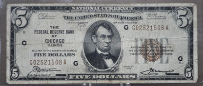 1929 5 Dollar National Currency Note - VG+ - Chicago - 1929 Brown Seal Five Dollar - Fr#1850-G