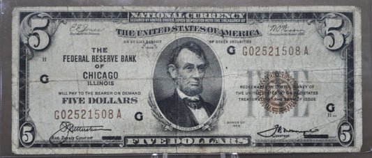 1929 5 Dollar National Currency Note - VG+ - Chicago - 1929 Brown Seal Five Dollar - Fr#1850-G
