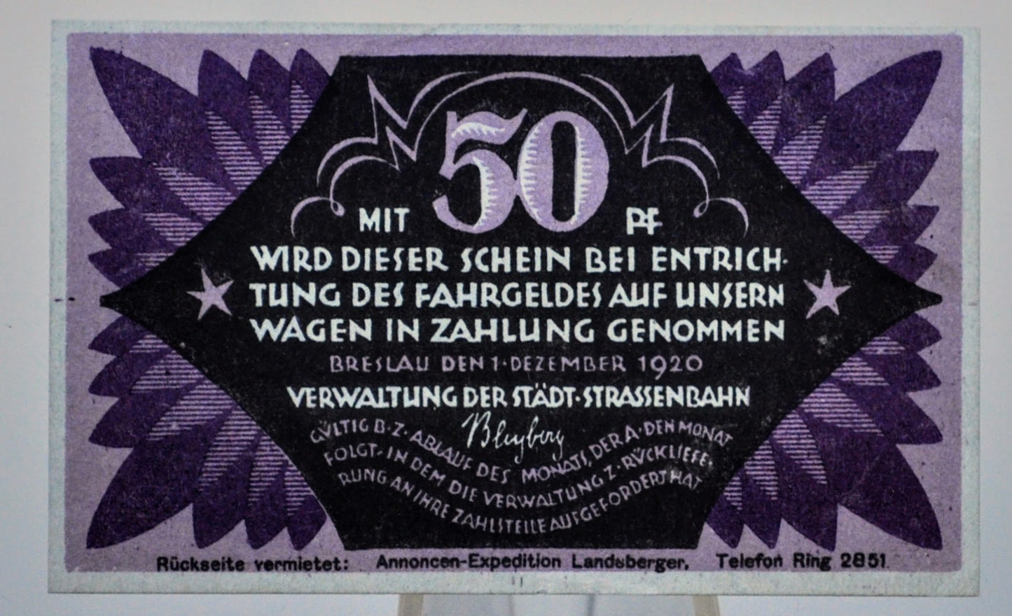 1920 Breslau Poland 50 Pfennig Transit Notgeld - German-Occupied Poland - Max Schaefer Ad Reverse - 1920 Fifty Pfennig Polish Trolly Note