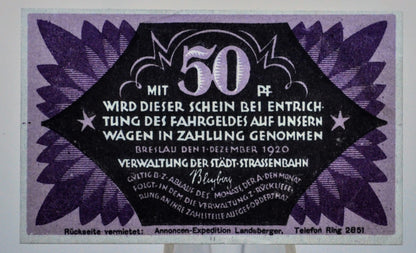 1920 Breslau Poland 50 Pfennig Transit Notgeld - German-Occupied Poland - Max Schaefer Ad Reverse - 1920 Fifty Pfennig Polish Trolly Note