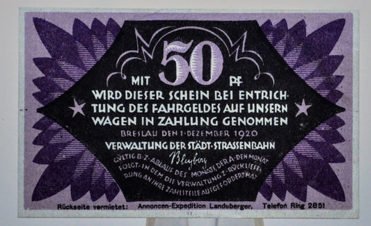 1920 Breslau Poland 50 Pfennig Transit Notgeld - German-Occupied Poland - Max Schaefer Ad Reverse - 1920 Fifty Pfennig Polish Trolly Note