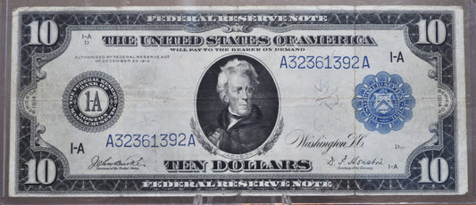 1914 10 Dollar Federal Reserve Note Large Size Fr#906 - Very Fine - Boston 1914 Ten Dollar Bill Large Note 1914 Horseblanket Fr906