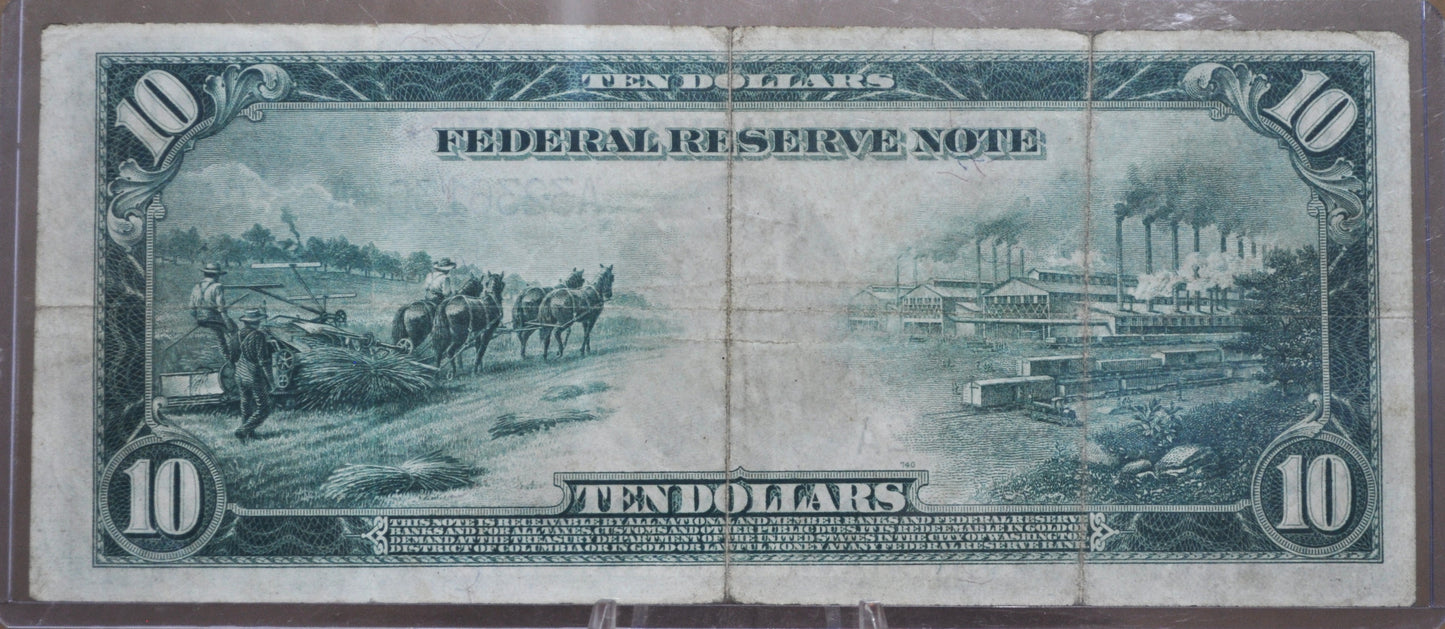 1914 10 Dollar Federal Reserve Note Large Size Fr#906 - Very Fine - Boston 1914 Ten Dollar Bill Large Note 1914 Horseblanket Fr906