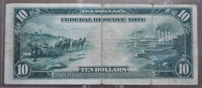 1914 10 Dollar Federal Reserve Note Large Size Fr#906 - Very Fine - Boston 1914 Ten Dollar Bill Large Note 1914 Horseblanket Fr906