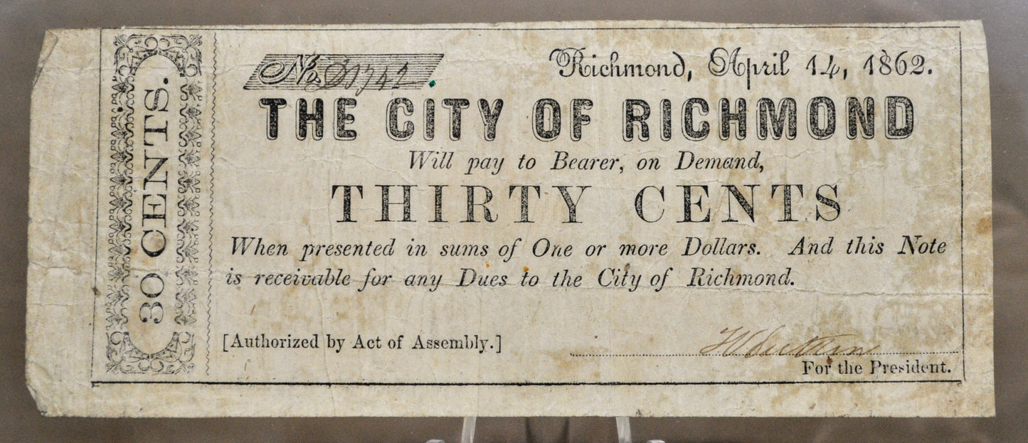 1862 City of Richmond 30 Cent Note - Civil War Fractional Currency - Confederate Obsolete Note - 1862 Virginia Thirty Cents Fractional Note