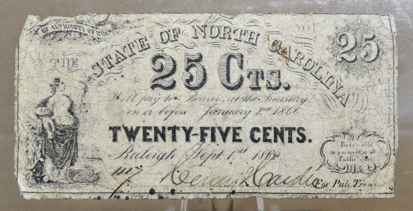 1862 State of North Carolina 25 Cent Obsolete Note - Confederate Fractional Currency - 1862 Raleigh NC Twenty-Five Cents Note
