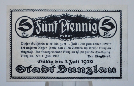 1918 Bunzlau Prussia 5 Pfennig Notgeld - German-Occupied Prussia - Rarer Early Issue - 1918 Five Pfennig German Emergency Note